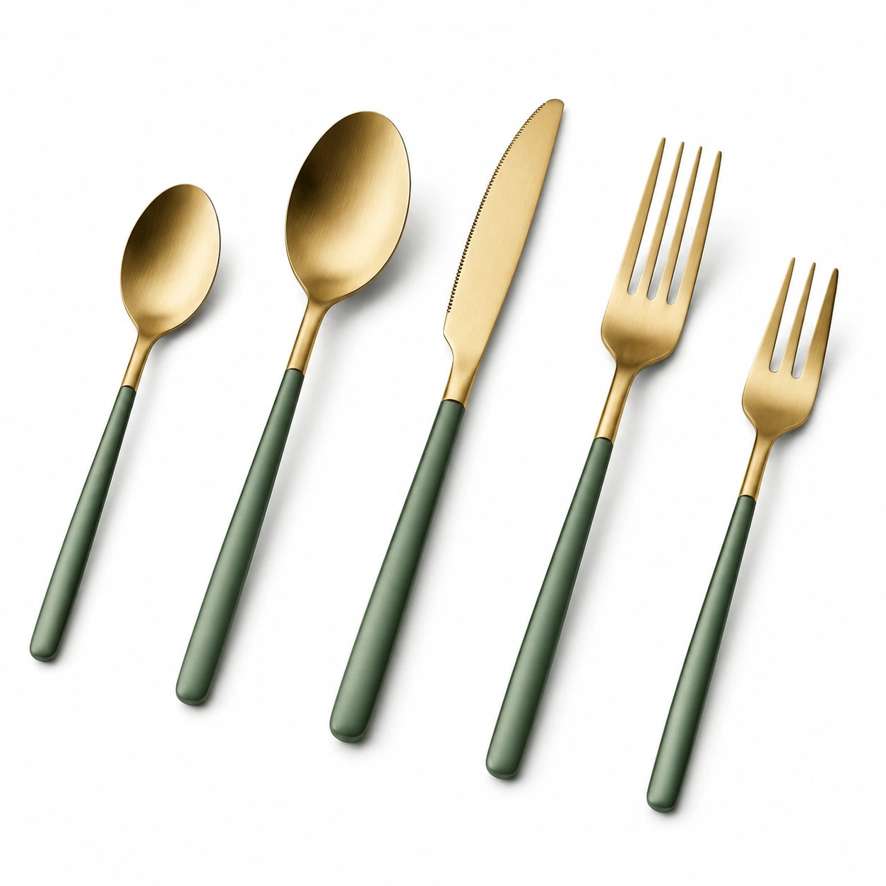 Besteckset 5-teilig aus Edelstahl Gold Grün mit gebürsteter Oberfläche