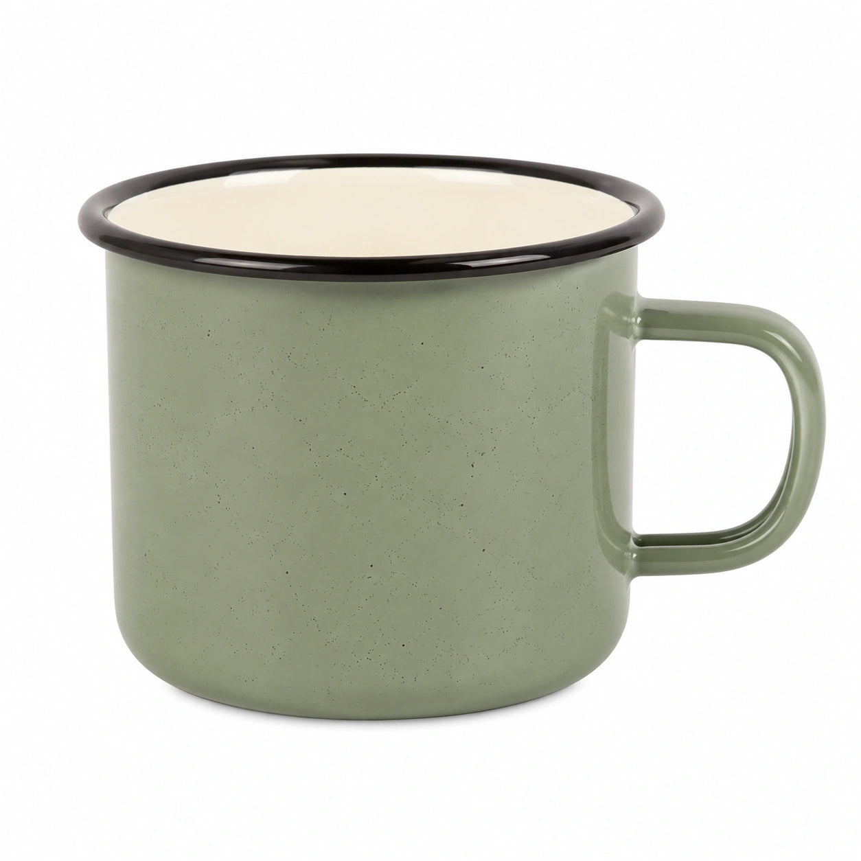 Emaillebecher 350 ml Grün mit schwarzem Rand im Retro-Stil