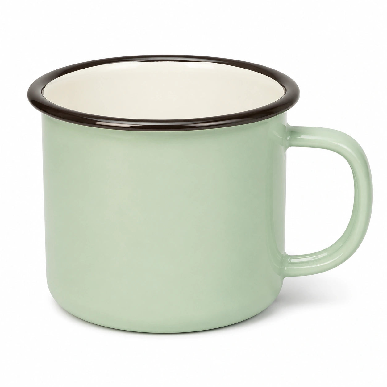 Tasse 350 ml aus emailliertem Metall in Hellgrün mit schwarzem Rand