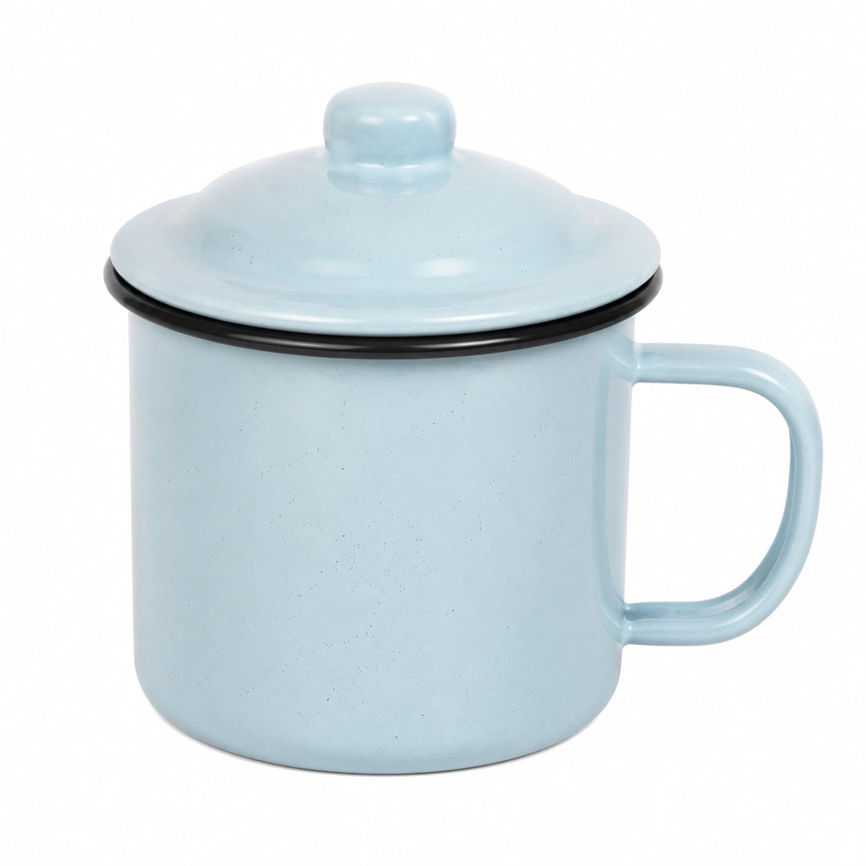Tasse 500 ml aus emailliertem Stahl in Hellblau mit Deckel und Henkel