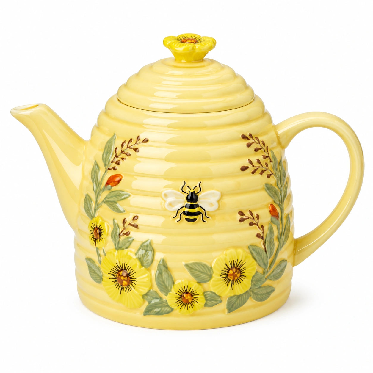 Teekanne 1200 ml Keramik Gelb mit Blumenmuster und Bienenmotiv