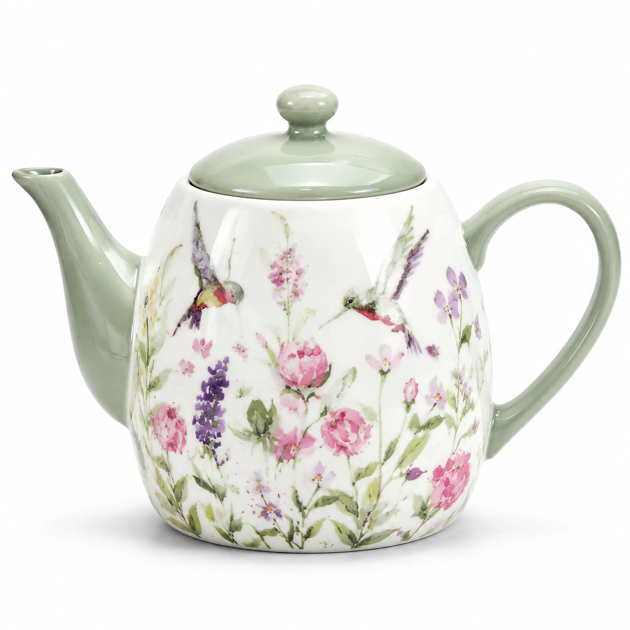 Teekanne 900 ml aus Keramik in Weiß Grün mit Blumenmuster für Heißgetränke