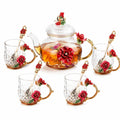 Teeservice 1000 ml aus Glas Rot Gold mit Rosenmotiv für 4 Personen
