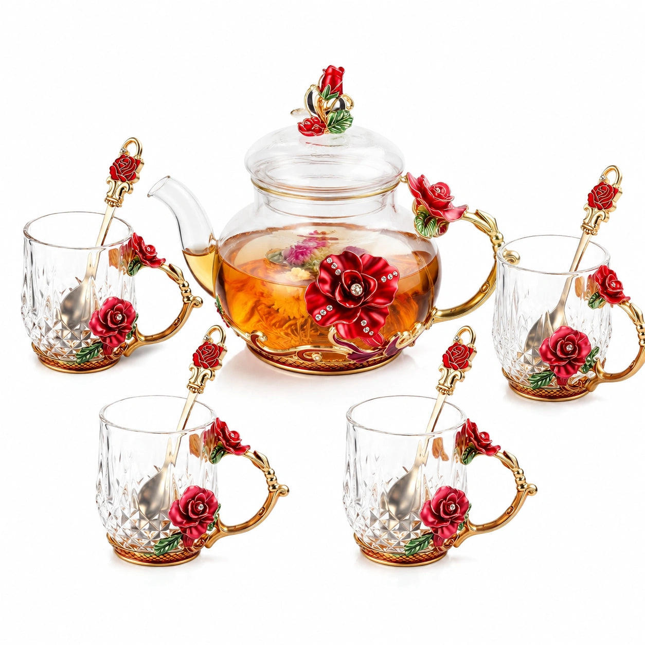 Teeservice 1000 ml aus Glas Rot Gold mit Rosenmotiv für 4 Personen