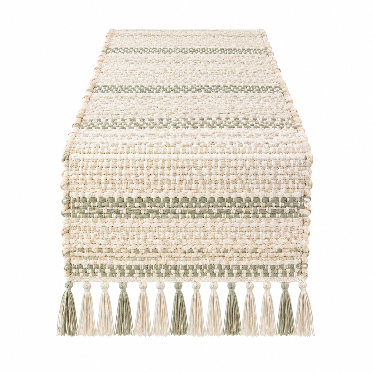 Tischläufer 180 x 35 cm aus gewebtem Textil in Cremegrün mit Fransen